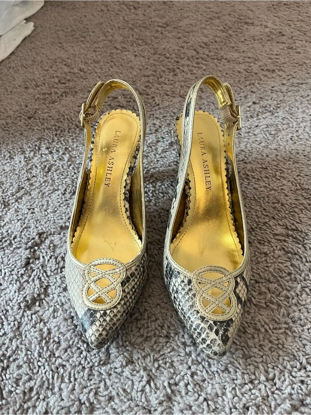 Laura Ashley Metallic Gold Snake-Print Slingback Heels